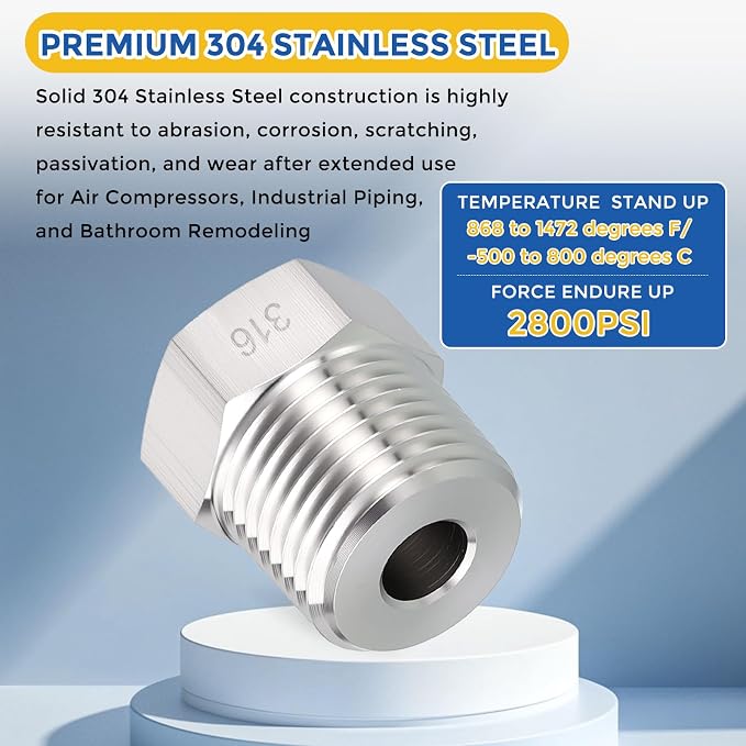 2 Pack SUS316 1/2" Male NPT to 1/8" FeMale NPT Hex Bushing Reducer | 316 Stainless Steel Pipe Fittings, Hose Tube Threaded Adapters with Sealing Tape for Air, Oil, LP, Gas, Fuel, Water