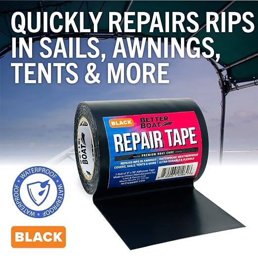 Repair Tape for Fabric and Vinyl 30ft x 3in, Black Waterproof Patch Tape | RV Awning Canvas Tent Tarp Sail Canopy Boat Cover, Heavy Duty, Better Boat