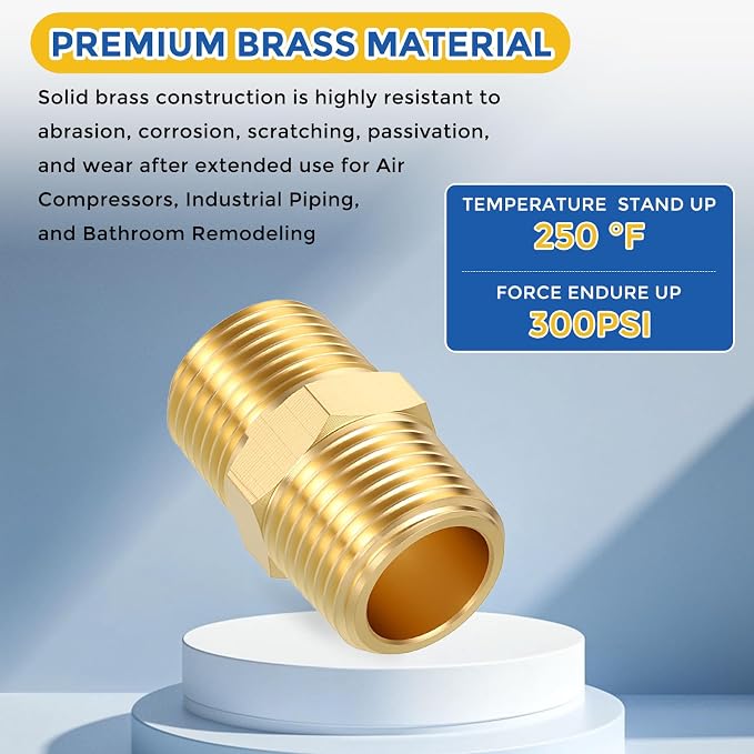 12 Pack Brass Pipe Fittings, 3/8" Male NPT to 3/8" Male NPT | Brass Hex Nipple W/ Sealing Tape, Male Pipe Adapter Reducer for Air, Oil, LP