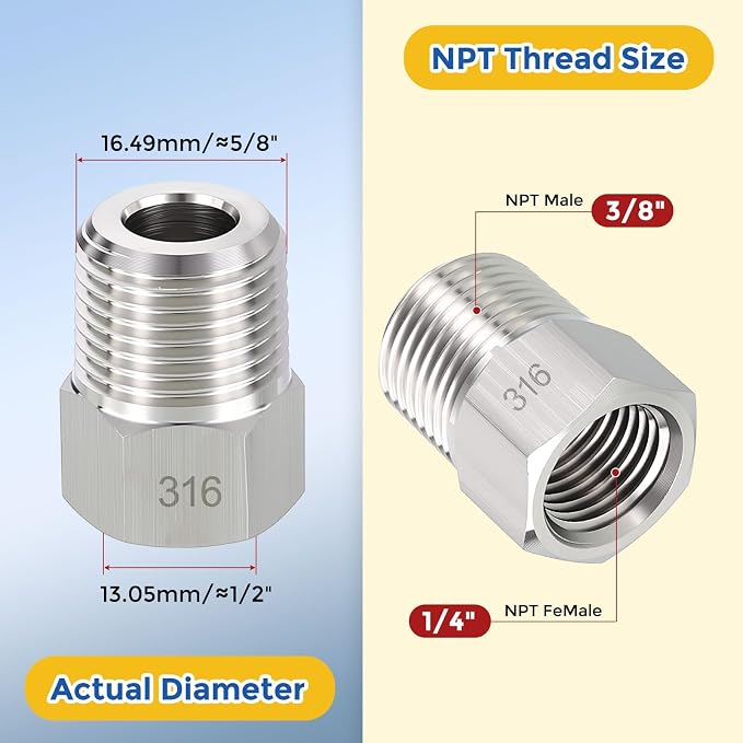 5 Pack SUS316 3/8" Male NPT to 1/4" FeMale NPT Hex Bushing Reducer | 316 Stainless Steel Pipe Fittings, Hose Tube Threaded Adapters with Sealing Tape for Air, Oil, LP, Gas, Fuel, Water