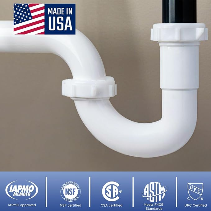 50 Pack 1-1/2 Inch P-Trap Kit, Polypropylene Tubular with PVC Marvel Adapter, Ribbed Threaded Nuts for Strong Leak-Free Connection, Includes J-Bend, Wall Arm & Washers, Made in USA