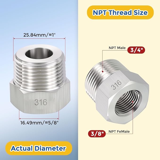 5 Pack SUS316 3/4" Male NPT to 3/8" FeMale NPT Hex Bushing Reducer | 316 Stainless Steel Pipe Fittings, Hose Tube Threaded Adapters with Sealing Tape for Air, Oil, LP, Gas, Fuel, Water