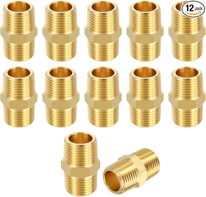12 Pack Brass Pipe Fittings, 3/8" NPT Male to 3/8" NPT Male | Brass Hex Nipple, Male Pipe Adapter Reducer for Air, Oil, LP