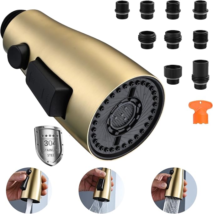 Metal Kitchen Faucet Head Replacement, 3 Functions Kitchen Faucet Head High Pressure, Brushed Gold Pull Down Kitchen Sink Sprayer Replacement with 9 Adapters Compatible with Most Faucets