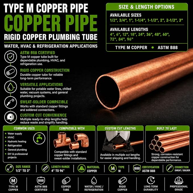 1/2 Inch Type M Copper Pipe, Rigid Plumbing Tube for Water, HVAC and Refrigeration, ASTM B88 Certified, Sweat-Solder Compatible (0.5, 1/2" (0.625" OD / 0.569" ID), Inches, 18, Inches)