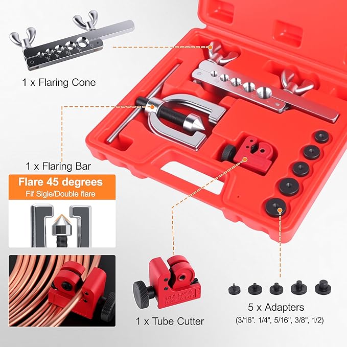 1/4" Brake Line Repair Kit with 32Pcs Fittings & 25 FT Tubing | Double & Single Brake Line Flaring Tool Kit + 25Ft 1/4 Inch Copper Coated Tube with Fittings(4 Unions Included) + Bender