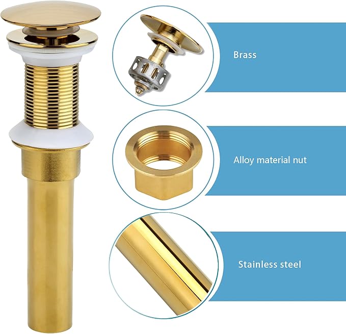 Rockgoya Bathroom Sink Drain, Gold Drain Stopper Bathroom Sink Without Overflow,Pop Up Drain Assembly with Detachable Strainer Basket,Built-in Anti-Clogging Strainer,Stainless Steel
