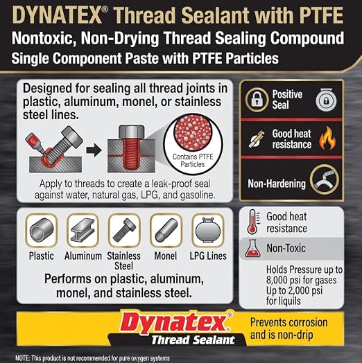Dynatex Thread Sealant with PTFE 4 oz Bottle (1 Pack) | Non-Toxic, Non-Drying, Leak-Proof Seal, No Lead/Graphite, Ideal for Pipe Fittings