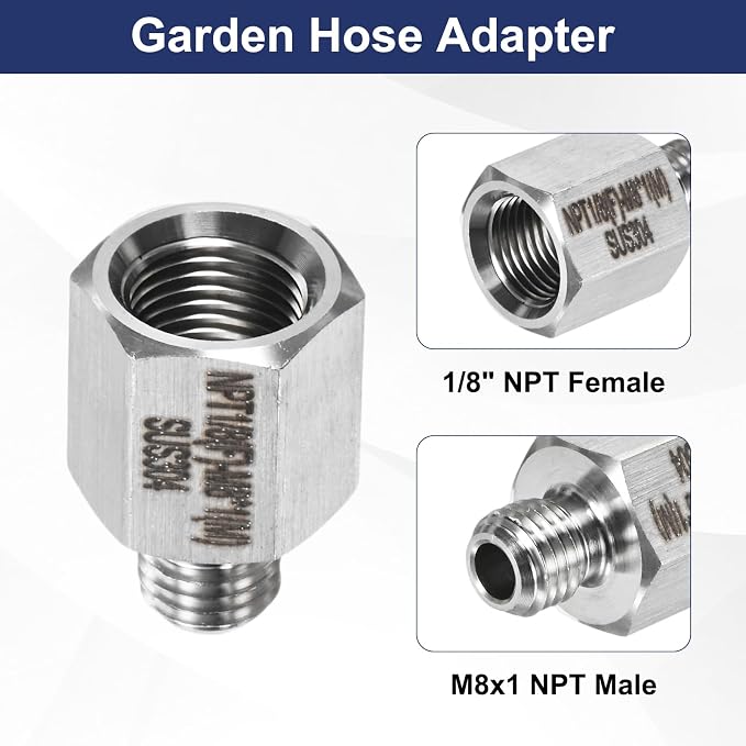 M METERXITY 2-Pack Garden Hose Adapter, Stainless Steel 1/8" NPT Female x M8x1 NPT Male Threaded Connector with Sealing Tape Garden Hose Convert Fitting for Pipe Fitting/Shower