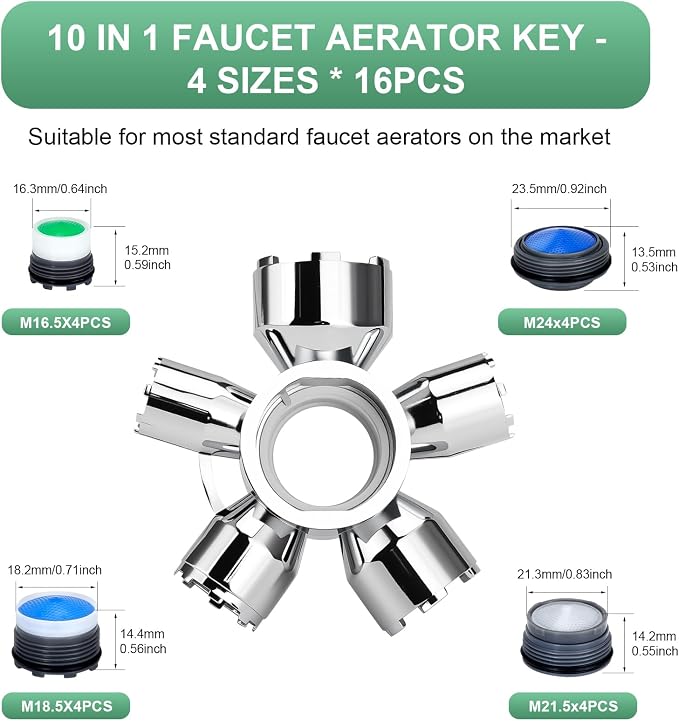 Upgraded Metal 10-in-1 Faucet Aerator Tool Kit,Includes 16 Pack Replacement Faucet Aerators M16.5/M18.5/M21.5/M24 (4 Each Size),Universal Heavy-Duty Removal Key,Must-Have DIY Plumbing Fixes