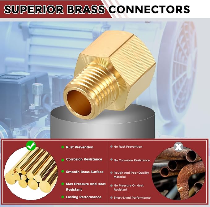 Pack of 2,3/8" NPT FeMale to 1/4" NPT Male Solid Brass Pipe Fittings | Thread Adapter W/ Sealing Tape, Brass Pipe Extension Connectors for Bathroom Remodeling, Tool Extensions