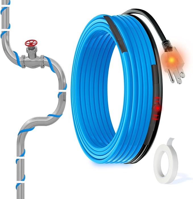 MAXKOSKO 100ft Self Regulating Heat Tape for Water Pipes Heating Cable | Heat Trace Cable with Thermostat Keeps Water Flowing at -40°F, Freeze Protection for Metal & Plastic Pipes,120V 5W/ft
