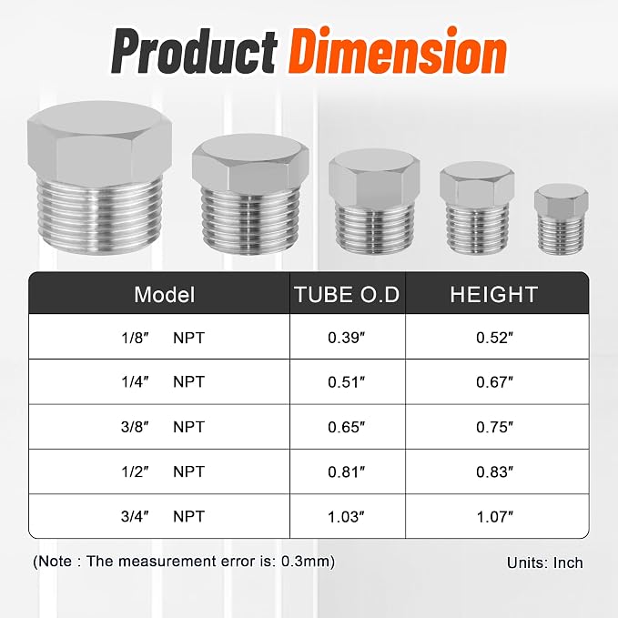 20PCS Stainless Steel Pipe Hex Head Plugs,1/8" 1/4" 3/8" 1/2" 3/4" | 304 Stainless Steel 1/8,1/4,3/8,1/2,3/4 Inch NPT Male Thread Outer Hex Head Plug Fittings Assortment Kit