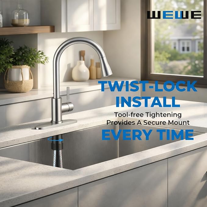 WEWE High-Arc Pull-Down Kitchen Faucet, Brushed Nickel, 3-Mode Sprayer