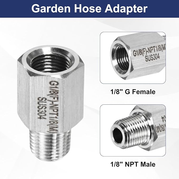 M METERXITY 2-Pack Garden Hose Adapter, Stainless Steel 1/8" g Female x 1/8" NPT Male Threaded Connector with Sealing Tape Garden Hose Convert Fitting for Pipe Fitting/Shower