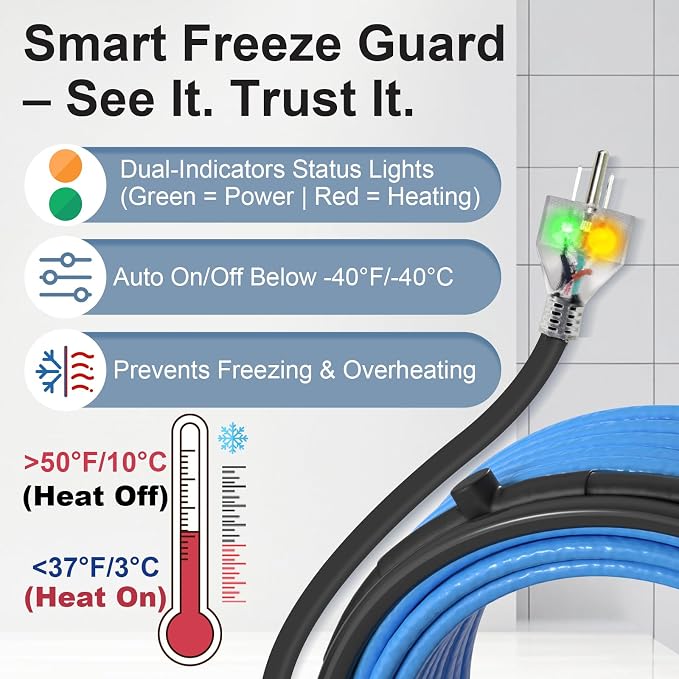 MAXKOSKO 100ft Dual Lights Self Regulating Heat Tape for Water Pipes 5W/ft | Heat Trace Cable with Thermostat, Heating Cable Freeze Protection for Metal & Plastic Pipes,Keeps Water Flowing at -40°F,120V
