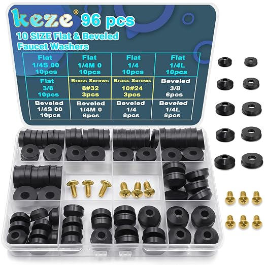 KEZE 96 PCS 10 Size Faucet Washers Assorted Kit and 1 oz 2-Pack Silicone Grease with Brush for DIY Outdoor Faucets Stem Leak Worn Out Seal Repair