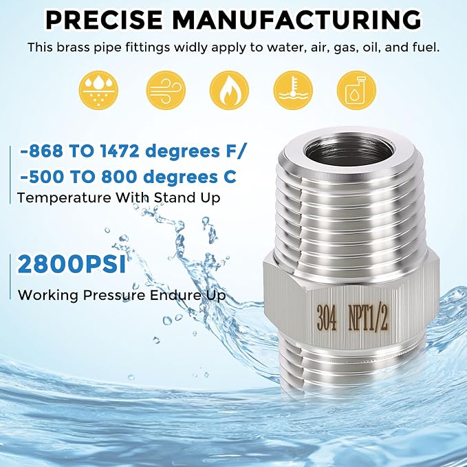 3/4" Male NPT to 1/4" Male NPT SUS304 Hex Nipple | Solid Male Pipe Adapter Hose Connectors for Pipe Repair, Bathroom Remodel, Tool Extensions, Compression, Irrigation