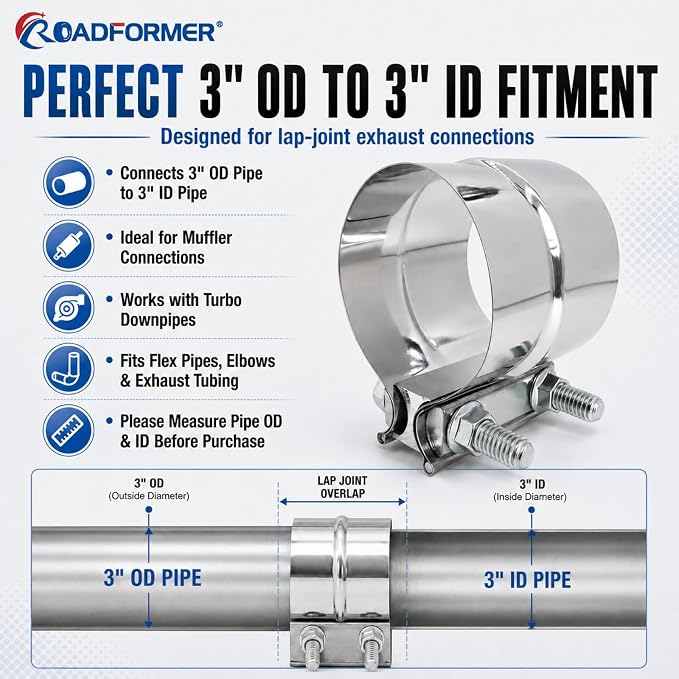 3 inch Exhaust Clamp, 304 Stainless Steel Lap Joint Band Clamps (2 Pack) | ROADFORMER 3 exhaust clamp for 3" OD to 3" ID Pipe, Muffler, Turbo Downpipe, Catalytic Converter Repair
