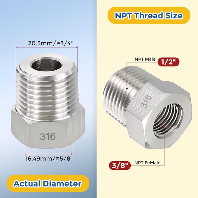 5 Pack SUS316 1/2" Male NPT to 3/8" FeMale NPT Hex Bushing Reducer | 316 Stainless Steel Pipe Fittings, Hose Tube Threaded Adapters with Sealing Tape for Air, Oil, LP, Gas, Fuel, Water