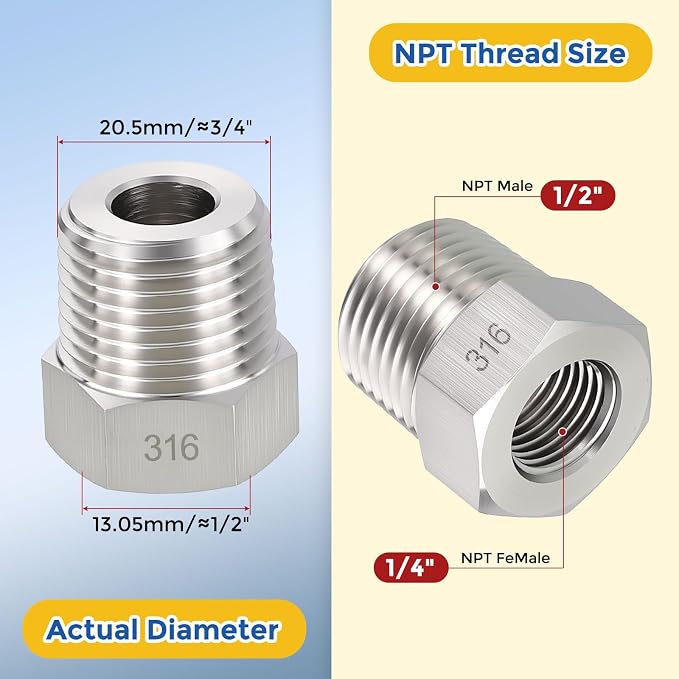 2 Pack SUS316 1/2" Male NPT to 1/4" FeMale NPT Hex Bushing Reducer | 316 Stainless Steel Pipe Fittings, Hose Tube Threaded Adapters with Sealing Tape for Air, Oil, LP, Gas, Fuel, Water