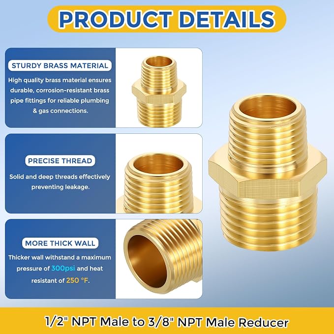 2 Pack Brass Pipe Fittings, 1/2" NPT Male to 3/8" NPT Male | Brass Hex Nipple, Male Pipe Adapter Reducer for Air, Oil, LP