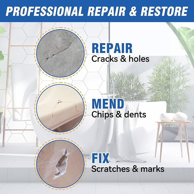 Porcelain Repair Kit, Fiberglass Repair Kit, Professional Tile Repair Kit for Cracks, Chips, Scratches, Rust, Holes on Tubs, Toilet, Sink and Shower Tray, Color Match