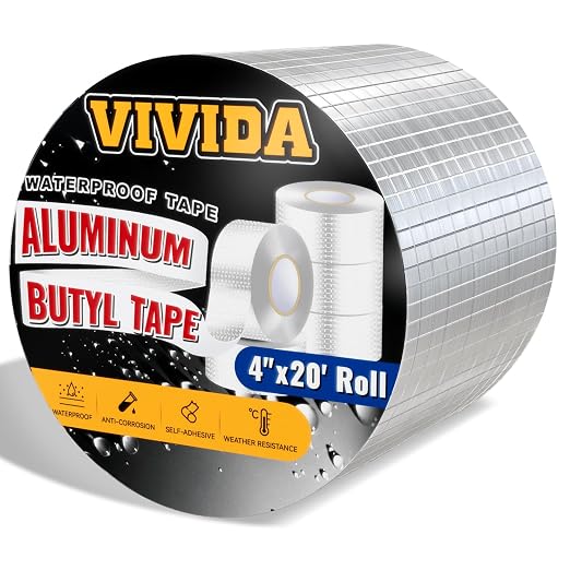 VIVIDA Aluminum Waterproof Butyl Sealing Tape, 4" × 20', 1 Roll | Aluminum Foil Butyl Sealant Tape for Outdoor Use, Corrosion Resistant, For Roof Leak Patching