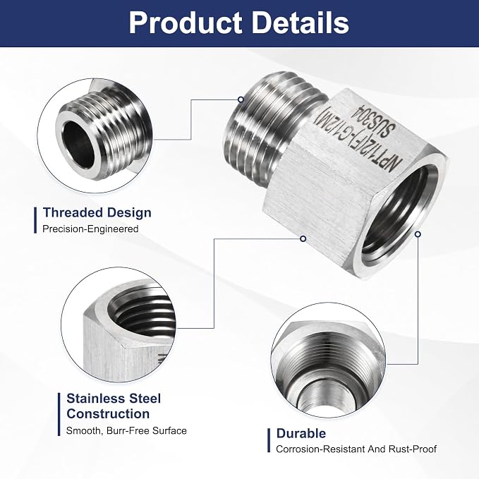M METERXITY 2-Pack Garden Hose Adapter, Stainless Steel 1/2" NPT Female x 1/2" g Male Threaded Connector with Sealing Tape Garden Hose Convert Fitting for Pipe Fitting/Shower