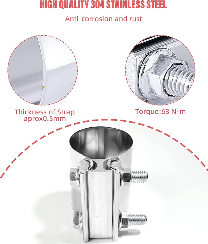 Zlirfy Stainless Steel Exhaust Clamp Band, Universal Widening Butt Joint Clamp, Fit for 2.25" Exhaust Pipe