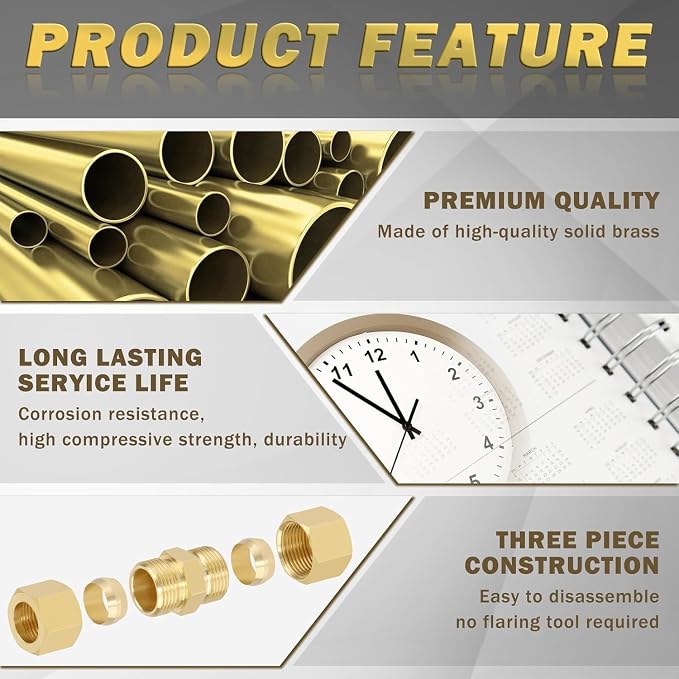 5/16" OD x 5/16" OD Brass Compression Union Fitting, 10 Pack Straight Tube Coupling Adapter with 10 Compression Ferrules for Ice Maker Water Plumbing