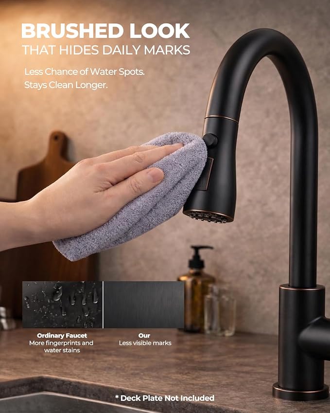 WEWE Pull-Down Kitchen Faucet, 3-Mode Sprayer, Oil Rubbed Bronze, High Arc