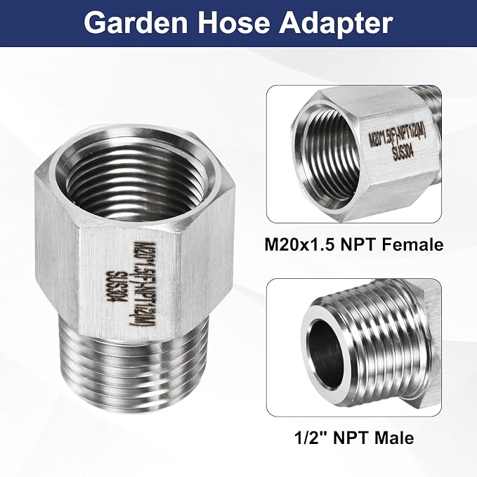 M METERXITY 2-Pack Garden Hose Adapter, Stainless Steel M20x1.5 NPT Female x 1/2" NPT Male Threaded Connector with Sealing Tape Garden Hose Convert Fitting for Pipe Fitting/Shower [Silver]