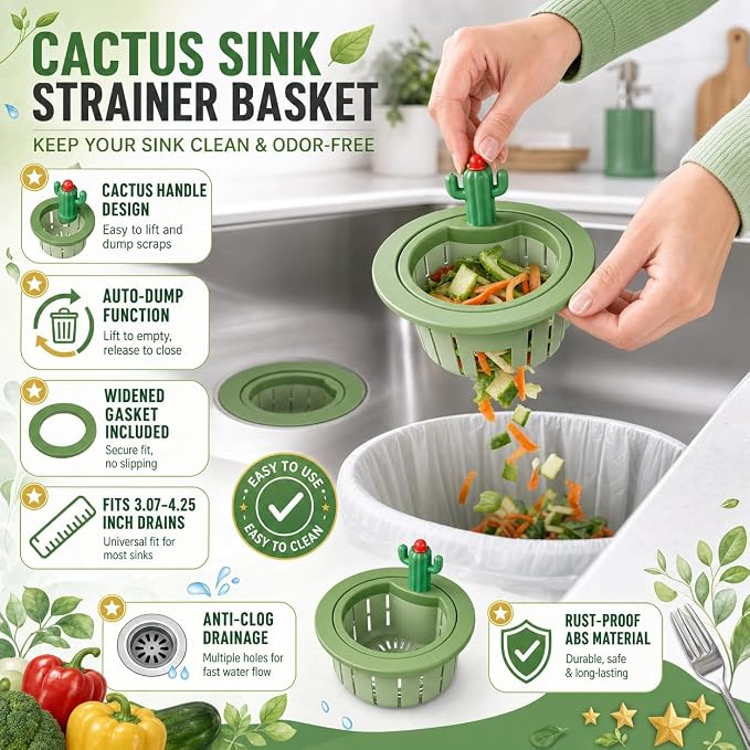 Upgraded Cactus Sink Strainer Basket with Widened Gasket, Green Kitchen Sink Strainer Fits 3.07"-4.25" Drains, Automatic Dumping Sink Filter Basket for Anti-Clog Food Catching (0.11 lbs, 1 Pack)