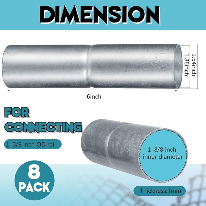 Tandefio 8 PCS Top Rail Sleeve Galvanized Steel Chain Link Fence Top Rail Sleeve for Rail/Pipe (1-3/8" x 6")