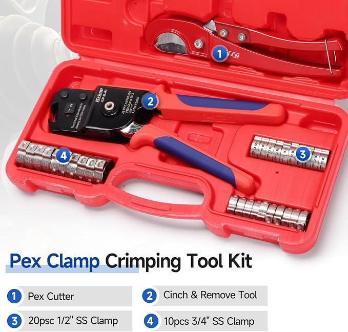iCrimp BJ03 PEX Cinch & Removal Tool Kit for 3/8"–1" Stainless Steel Clamps | One hand ratchet auto-release design, kit includes 20pcs 1/2", 10pcs 3/4" PEX clamps and pipe cutter