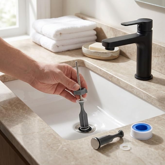 Pop Up Stoppers, Pivot Rods, and Plumber Tape Bathroom Drain Kit for, 2 Stoppers and 2 Rods Pop Up Drain Repair Kit for Bathroom Sink