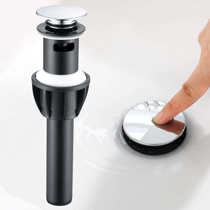 TIORIY Chrome Pop Up Bathroom Sink Drain, with Overflow Plastic Bathroom Sink Stopper for Faucet Vessel, Push Type Bathroom Sink Vanity Assembly with Strainer
