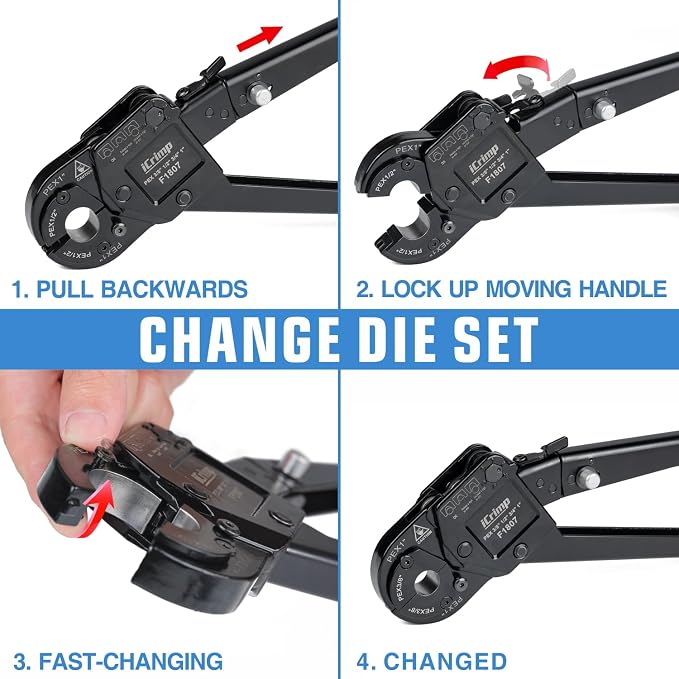 iCrimp KIT-FACL PEX Crimping Tool Kit for Crimping & Removal 1/2-in, 3/4-in, 1-in PEX Copper Crimp Ring, with PEX Tubing Cutter, Corner Operation Friendly