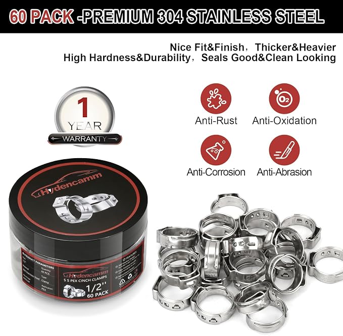 60 Pack 1/2 Inch PEX Cinch Clamps, 304 Stainless Steel | Cinch Crimp Rings, Cinch Clamps Rings with Storage Case for PEX Tubing Pipe Fitting Connections(1/2"x60)
