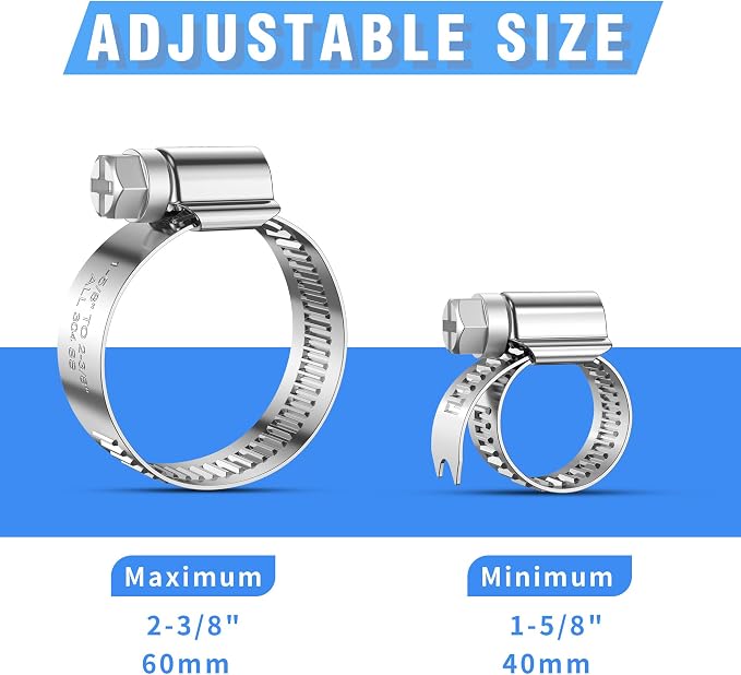 24 PCS Heavy Duty Hose Clamps Stainless Steel 304,1-5/8" Hose Clamp to 2-3/8" Hose Clamp (40-60mm) Adjustable Worm Gear Drive Radiator Hose Clamps,Pipe Clamp for Automotive and Industrial Use