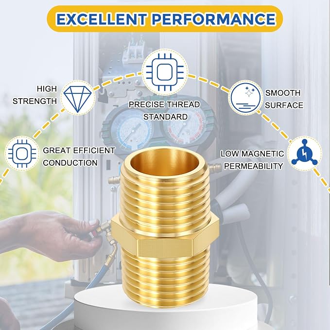 5 Pack Brass Pipe Fittings, 1/2" MNPT to 1/2" Male NPT | Brass Hex Nipple W/ Sealing Tape, Male Pipe Adapter Reducer for Air, Oil, LP, Gas