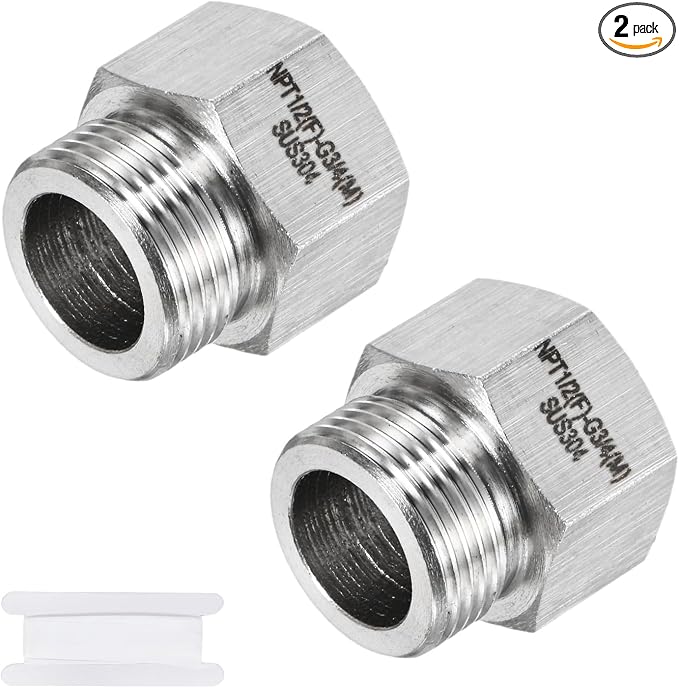 M METERXITY 2-Pack Garden Hose Adapter, Stainless Steel 1/2" NPT Female x 3/4" g Male Threaded Connector with Sealing Tape Garden Hose Convert Fitting for Pipe Fitting/Shower