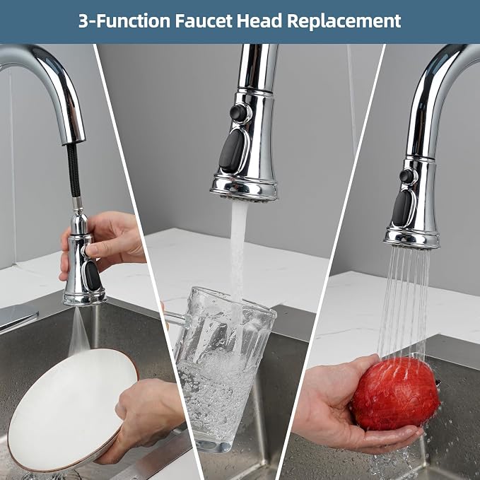 Universal Kitchen Faucet Head Replacement 3-Mode, Extra 15 Adapters, Chrome