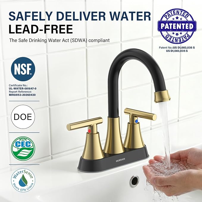 Bathroom Faucet, Hurran 4 inch Centerset 2-Handle Lead-Free, Black&Gold