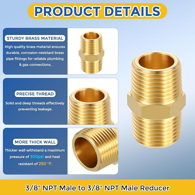 12 Pack Brass Pipe Fittings, 3/8" NPT Male to 3/8" NPT Male | Brass Hex Nipple, Male Pipe Adapter Reducer for Air, Oil, LP