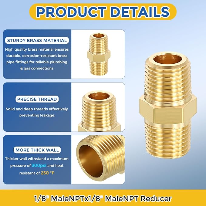 8 Pack Brass Pipe Fittings, 1/8" Male NPT to 1/8" Male NPT | Brass Hex Nipple W/ Sealing Tape, Male Pipe Adapter Reducer for Air, Oil, LP