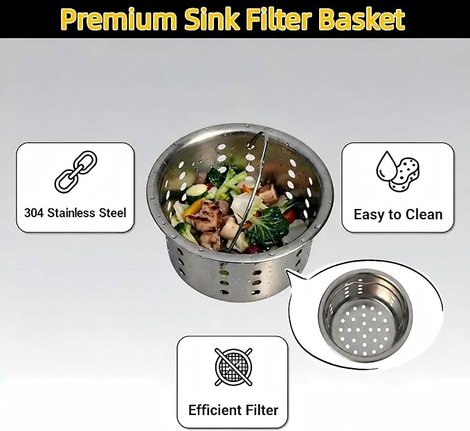Updated Sink Strainer Basket Only, 3-inch Basket for 3.5 inch Kitchen Sink Strainer,Replacement Basket with Handle, Deep Cup SUS304 Bright Chrome,Food Catcher for Standard Kitchen Sink Drains