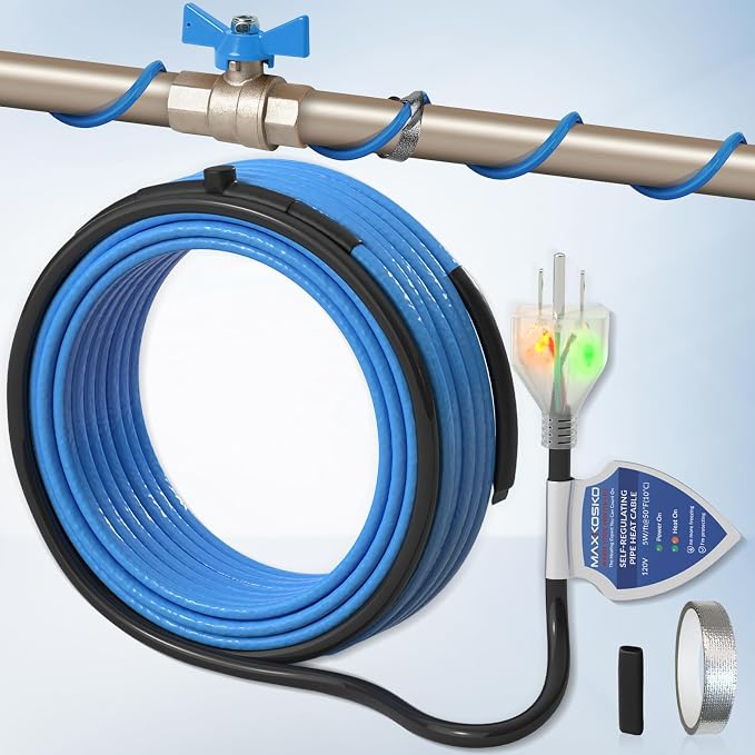MAXKOSKO 100ft Dual Lights Self Regulating Heat Tape for Water Pipes 5W/ft | Heat Trace Cable with Thermostat, Heating Cable Freeze Protection for Metal & Plastic Pipes,Keeps Water Flowing at -40°F,120V