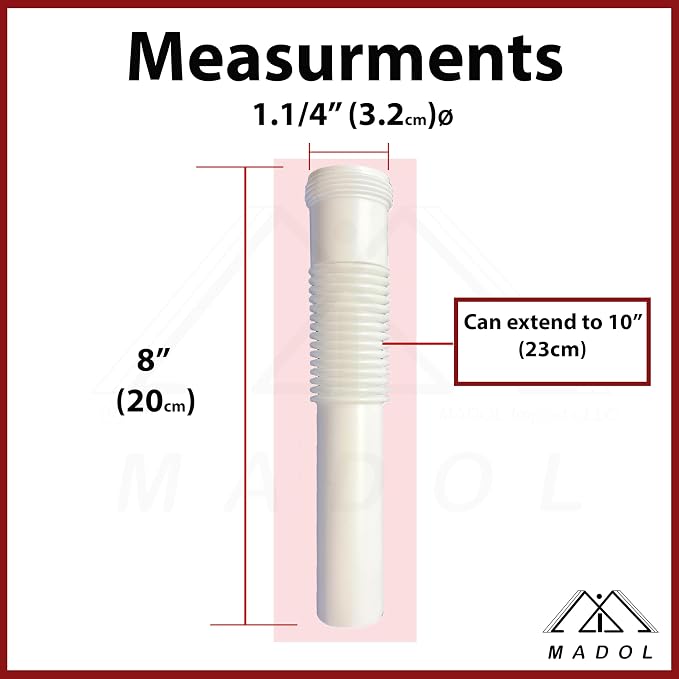 Plastic Drain Extension, 1-1/4 inch x 8 inch White Flexible tube with Slip-Joint Nut and Washer, for Tubular Drain Applications
